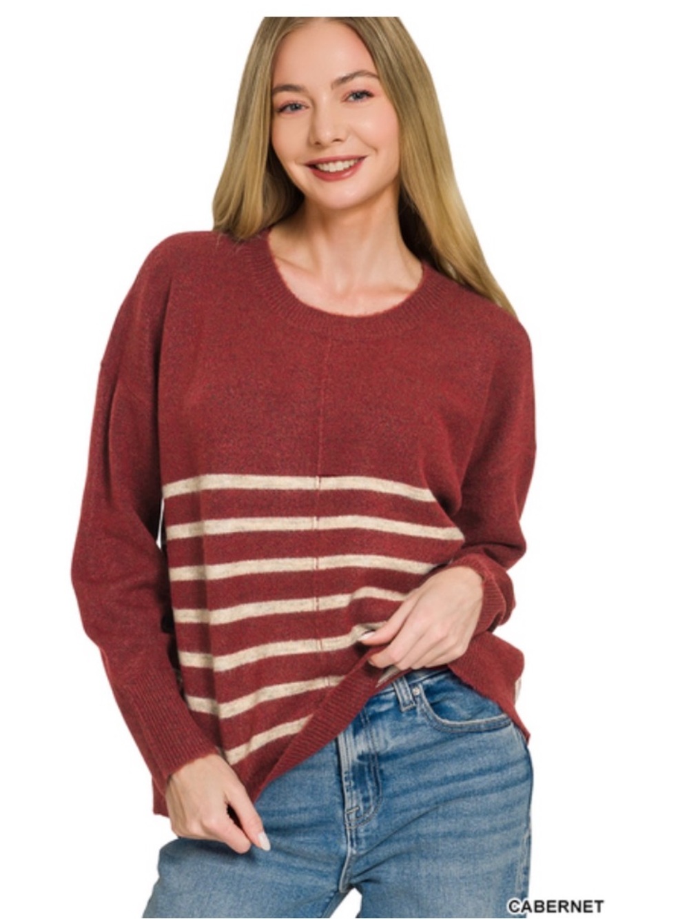 Zenana Outfitters Heather Grey and Cream Striped Crewneck Sweater